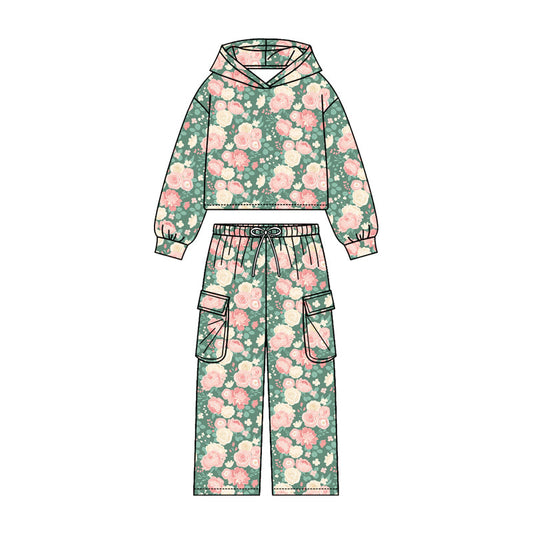 ( Moq 5 ) Preorder Baby Girls Kids Long Sleeves Flower Hoodie Shirt Pockets Pants Set Clothes