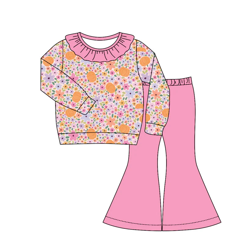 ( Moq 5 ) Preorder Baby Girls Kids Long Sleeves Pumpkins Flower Ruffle Shirt Pink Bell Pants Set Fall Clothes