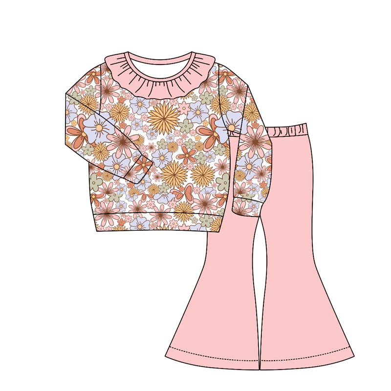 ( Moq 5 ) Preorder Baby Girls Kids Long Sleeves Flower Ruffle Shirt Pink Bell Pants Set Clothes