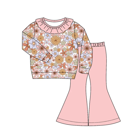 ( Moq 5 ) Preorder Baby Girls Kids Long Sleeves Flower Ruffle Shirt Pink Bell Pants Set Clothes