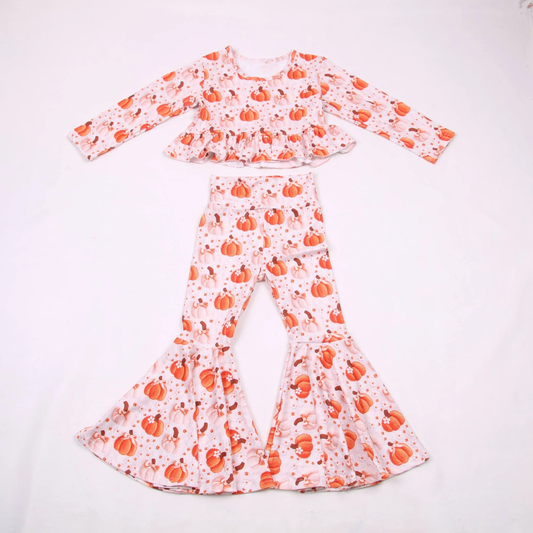 ( Moq 5 ) Preorder Baby Girls Kids Pumpkins Bows Ruffle Tops Bell Pants Set Fall Clothes