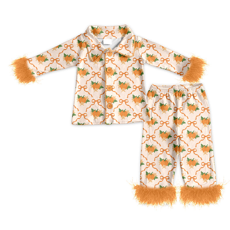 ( Moq 5 ) Preorder Baby Girls Kids Orange Fur Long Sleeves Bows Pumpkins Shirt Pants Fall Pajamas Set Clothes