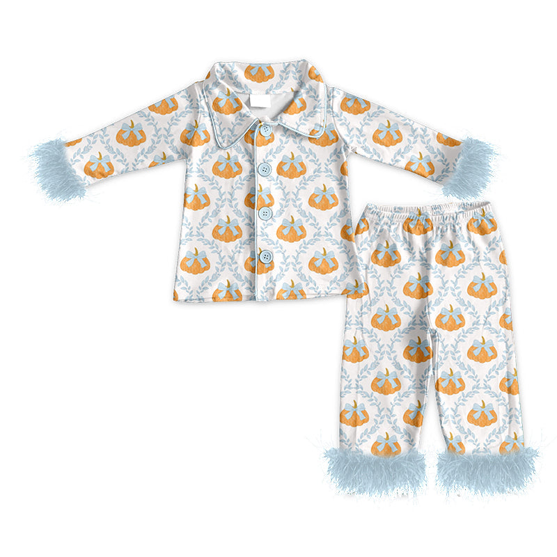 ( Moq 5 ) Preorder Baby Girls Kids Fur Long Sleeves Bows Pumpkins Buttons Shirt Pants Fall Pajamas Set Clothes