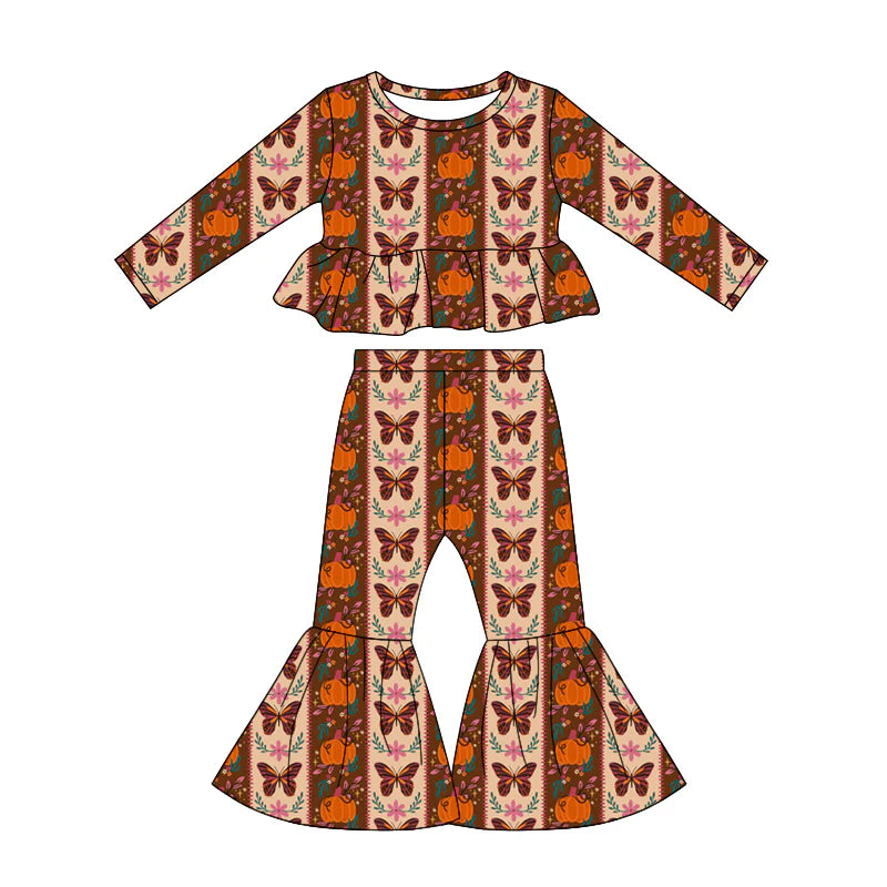 ( Moq 5 ) Preorder Baby Girls Kids Pumpkins Butterfly Flower Tops Bell Pants Set Fall Clothes