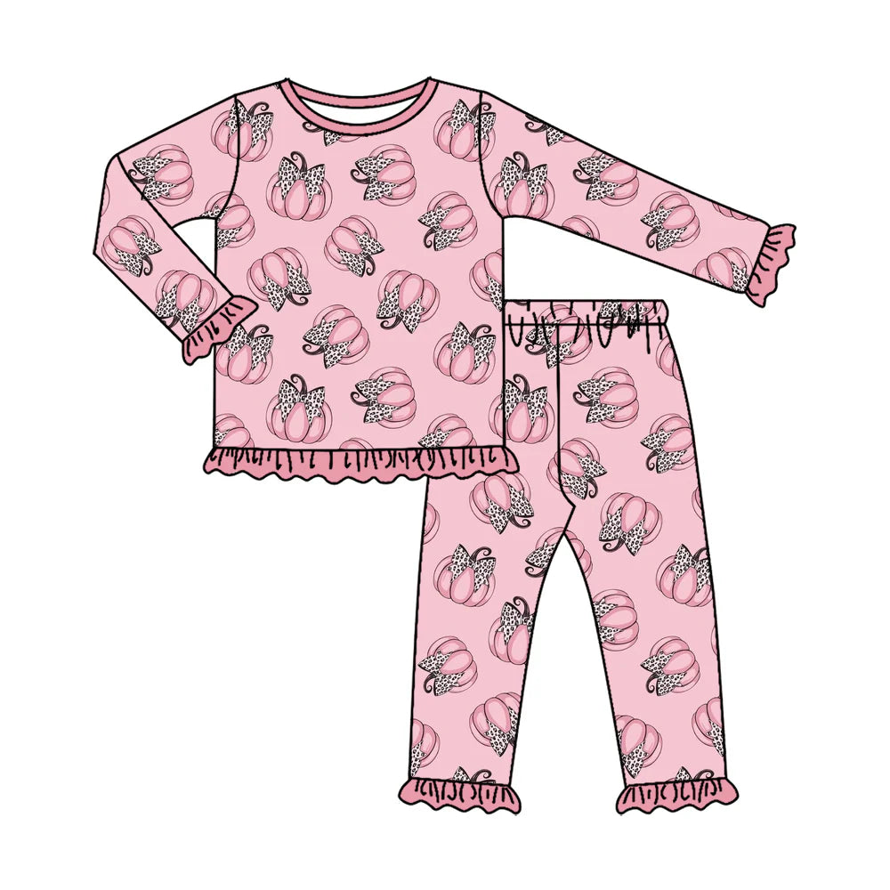( Moq 5 ) Preorder Baby Girls Kids Pumpkins Leopard Bows Shirt Pants Pink Set Fall Pajamas Clothes
