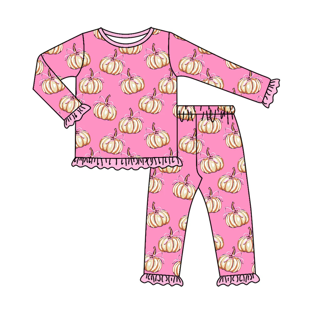 ( Moq 5 ) Preorder Baby Girls Kids Long Sleeves Pumpkins Bows Shirt Pants Pink Set Fall Pajamas Clothes