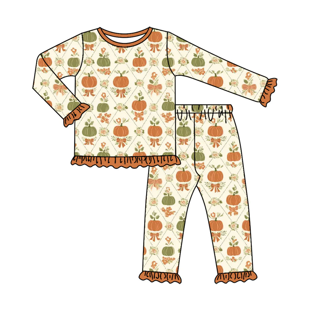 ( Moq 5 ) Preorder Baby Girls Kids Long Sleeves Pumpkins Flower Bows Shirt Pants Set Fall Pajamas Clothes