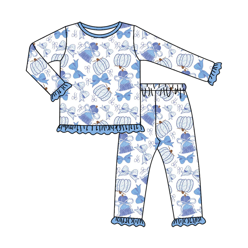 ( Moq 5 ) Preorder Baby Girls Kids Long Sleeves Pumpkins Blue Bows Shirt Pants Set Fall Pajamas Clothes