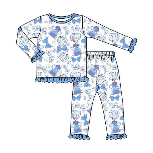 ( Moq 5 ) Preorder Baby Girls Kids Long Sleeves Pumpkins Blue Bows Shirt Pants Set Fall Pajamas Clothes