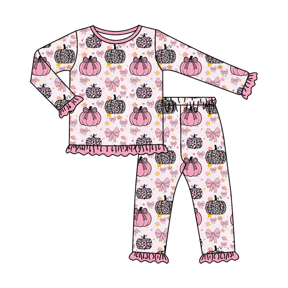 ( Moq 5 ) Preorder Baby Girls Kids Long Sleeves Pumpkins Pink Bows Shirt Pants Set Fall Pajamas Clothes