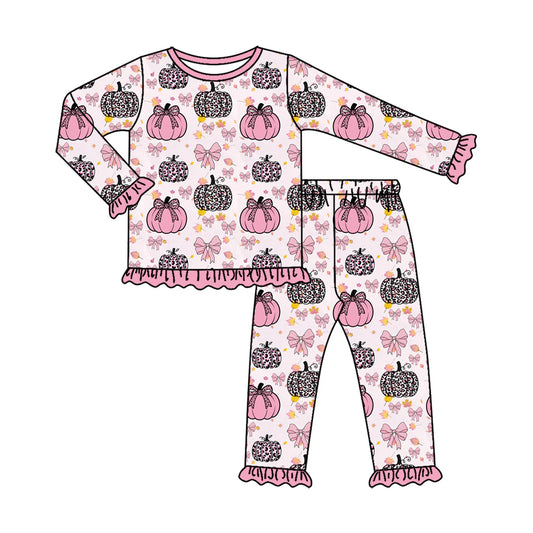 ( Moq 5 ) Preorder Baby Girls Kids Long Sleeves Pumpkins Pink Bows Shirt Pants Set Fall Pajamas Clothes