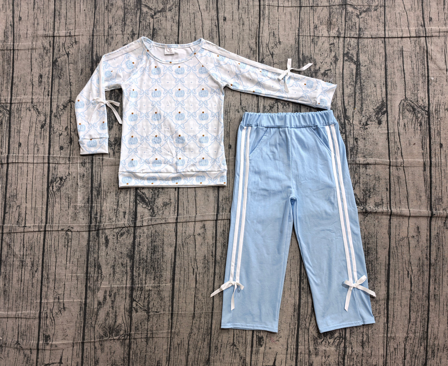 ( No moq ) Preorder Baby Girls Kids Pumpkins Bows Shirt Pockets Blue Pants Set Fall Clothes
