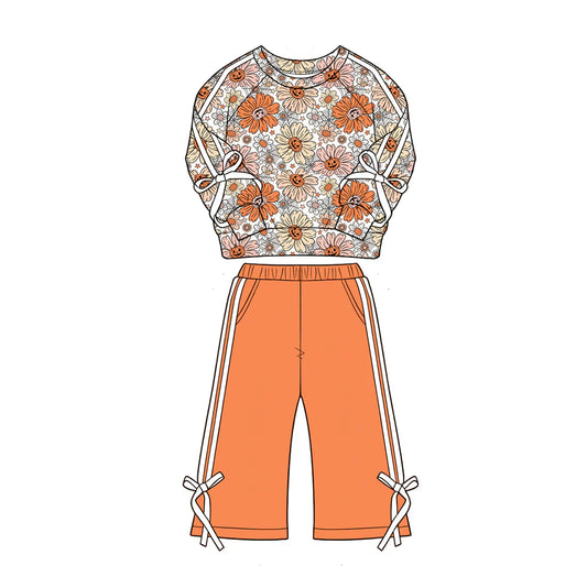 ( Moq 5 ) Preorder Baby Girls Kids Halloween Pumpkins Flower Bows Shirt Pockets Orange Pants Set
