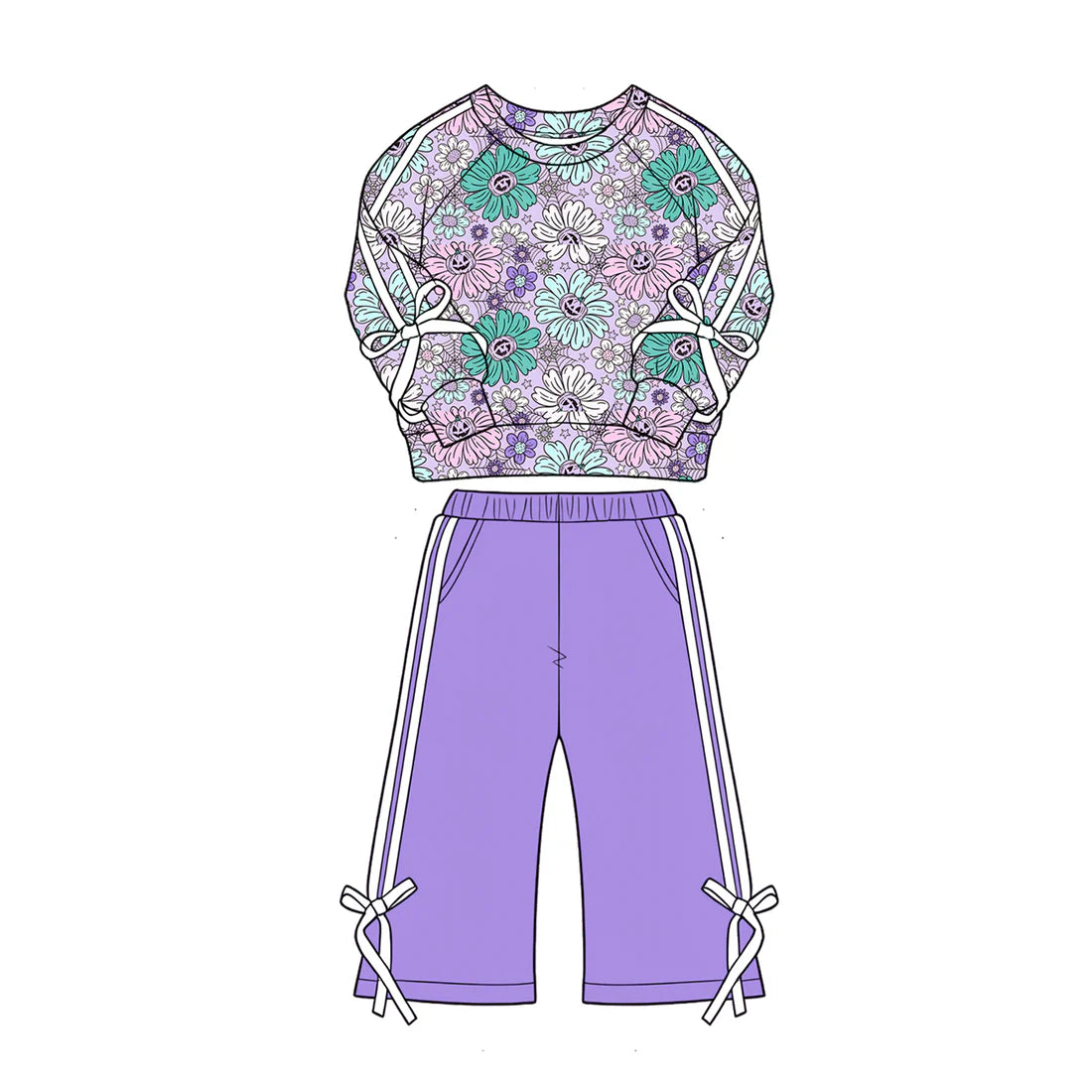 ( Moq 5 ) Preorder Baby Girls Kids Halloween Pumpkins Flower Bows Shirt Pockets Purple Pants Set