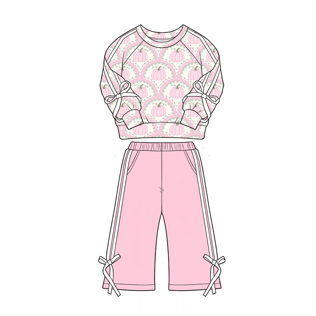 ( Moq 5 ) Preorder Baby Girls Kids Pink Pumpkins Bows Shirt Pockets Pants Set Fall Clothes