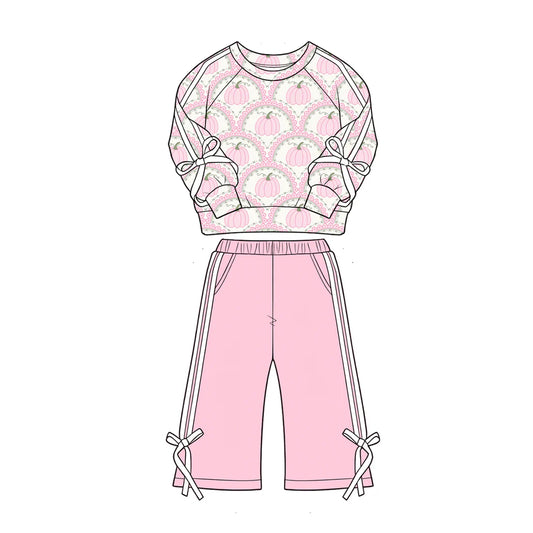 ( Moq 5 ) Preorder Baby Girls Kids Pink Pumpkins Bows Shirt Pockets Pants Set Fall Clothes