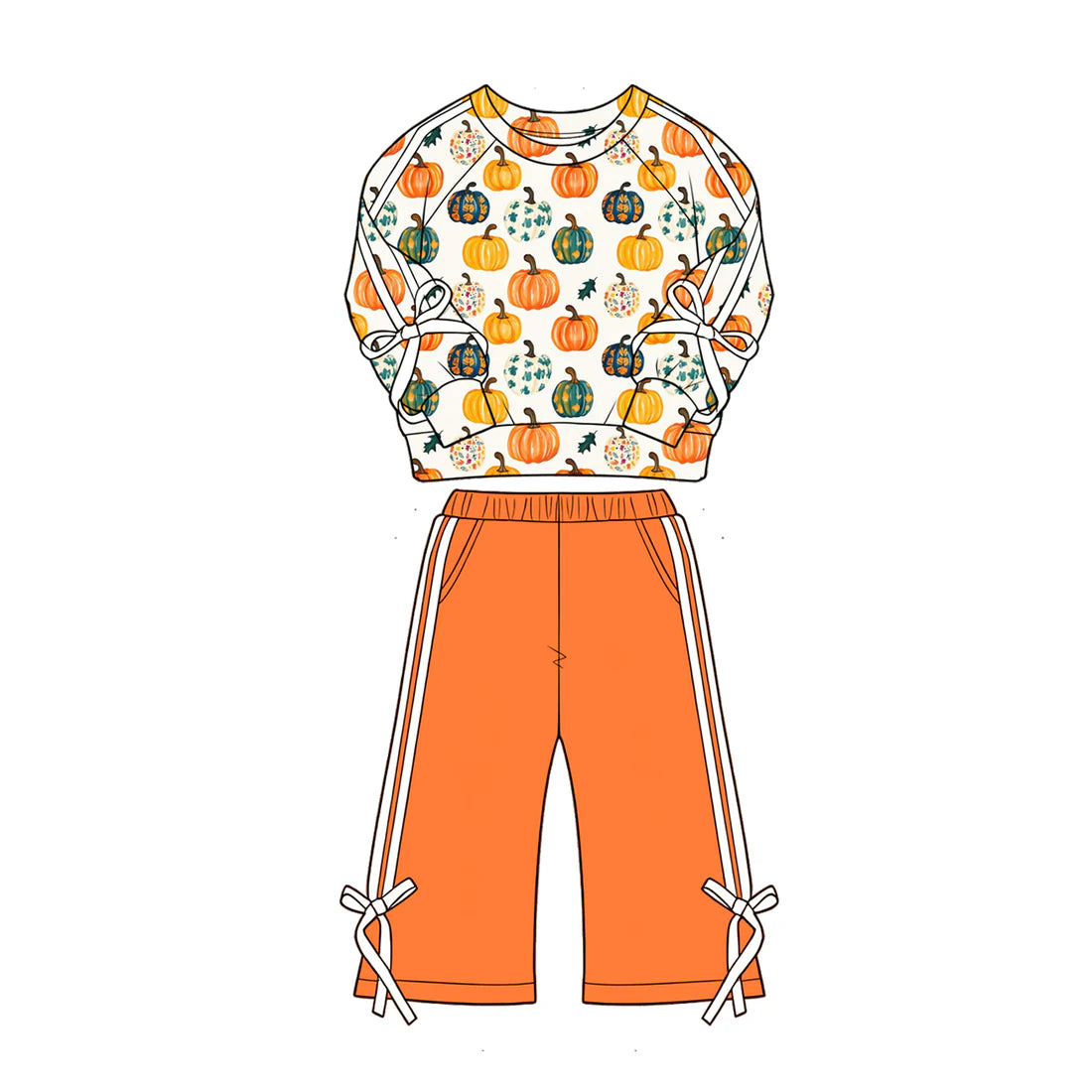( Moq 5 ) Preorder Baby Girls Kids Pumpkins Shirt Pockets Orange Pants Set Fall Clothes