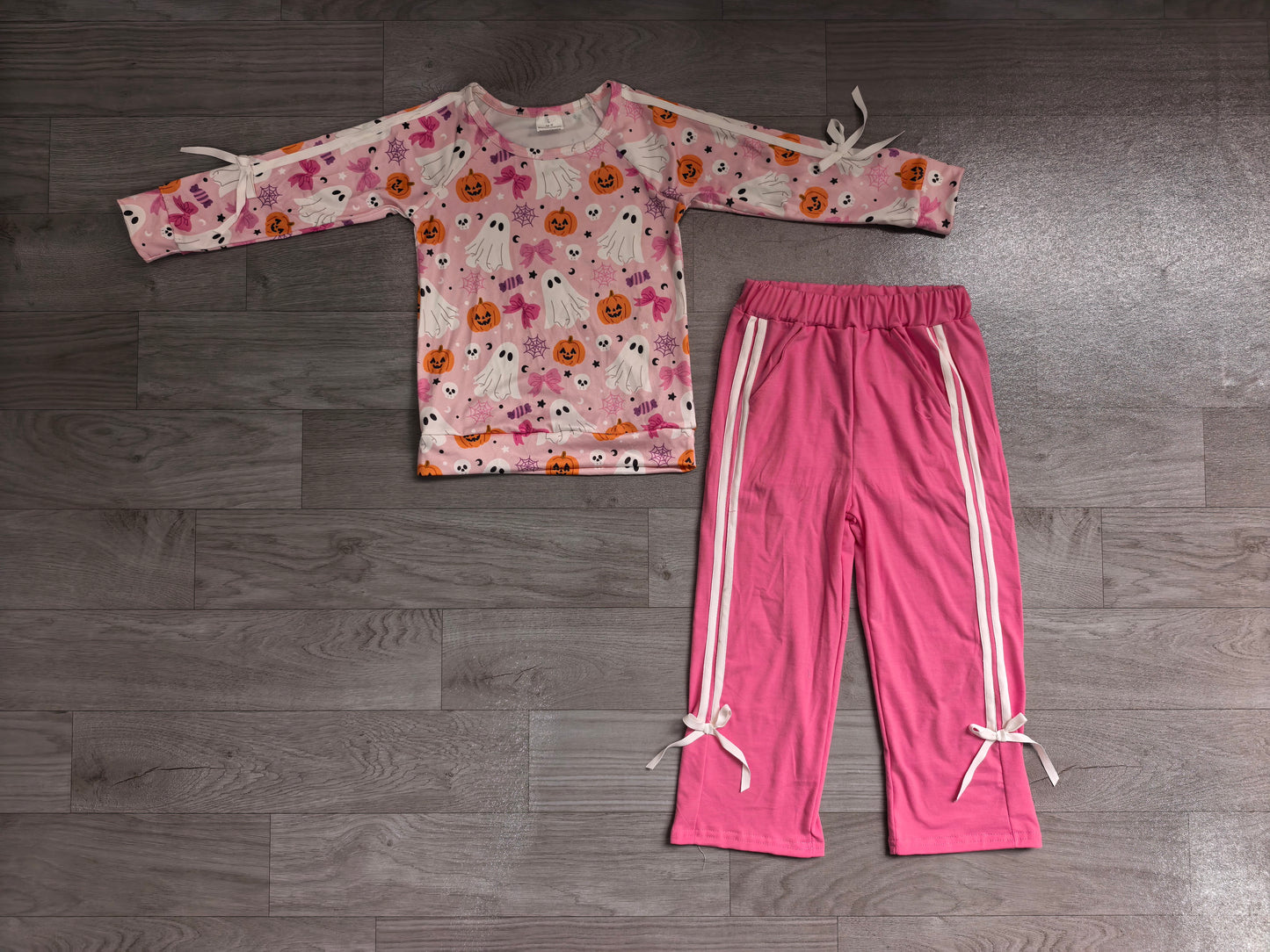 ( No moq ) Preorder Baby Girls Kids Halloween Ghost Pumpkins Bows Shirt Pockets Pink Pants Set