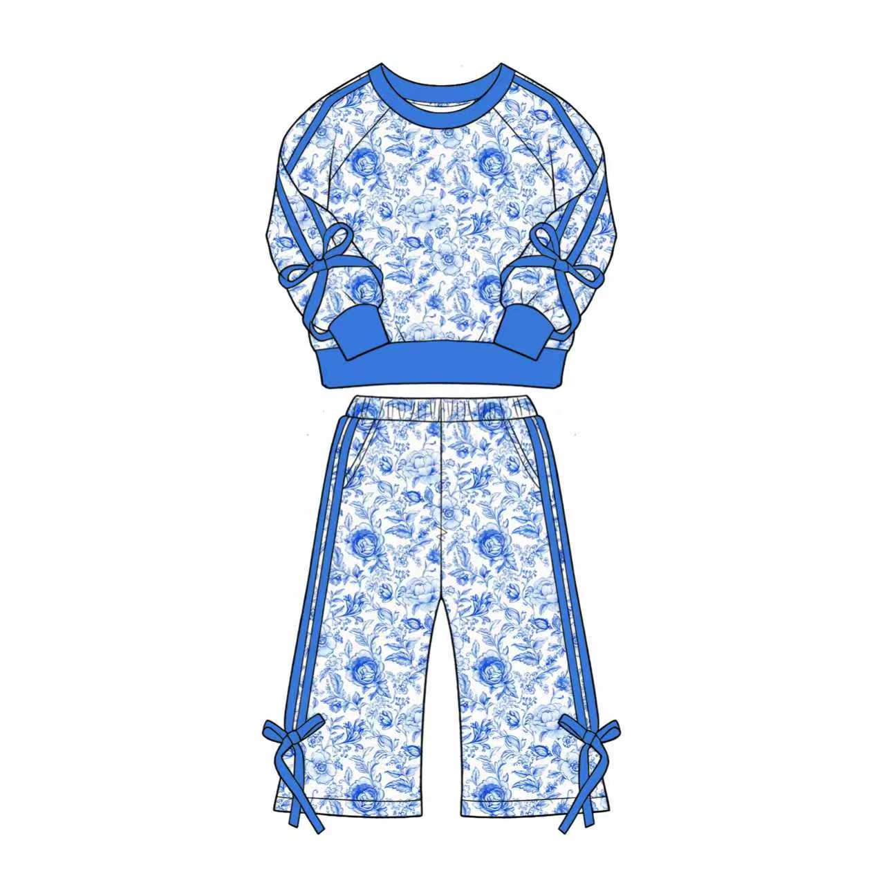 ( Moq 5 ) Preorder Baby Girls Kids Flower Blue Bows Shirt Pockets Pants Set Clothes