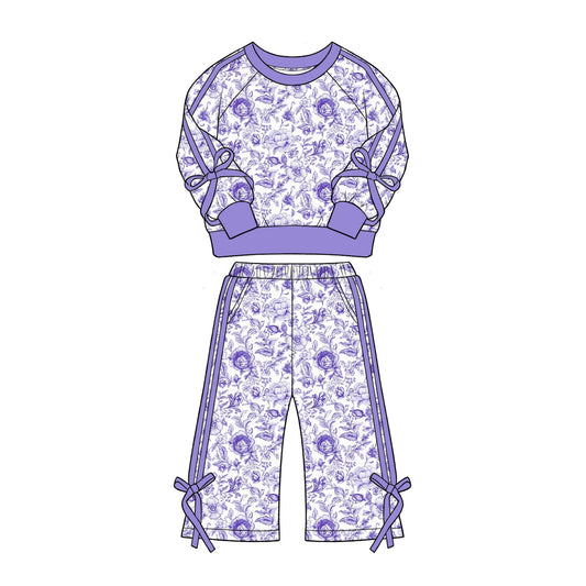 ( Moq 5 ) Preorder Baby Girls Kids Flower Purple Bows Shirt Pockets Pants Set Clothes