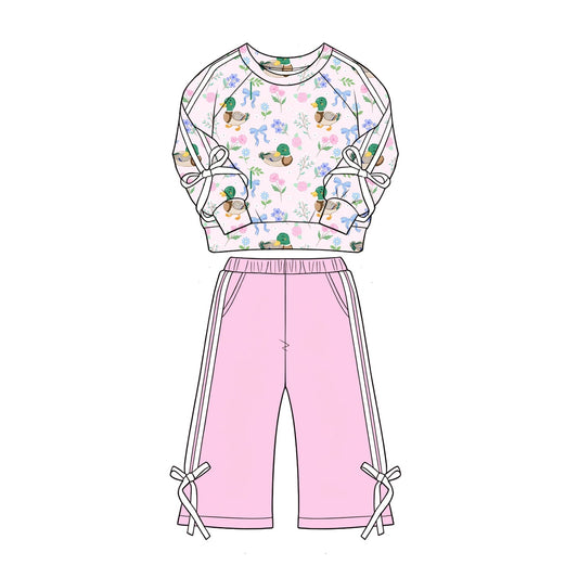 ( Moq 5 ) Preorder Baby Girls Kids Ducks Flower Bows Shirt Pockets Pink Pants Set Clothes