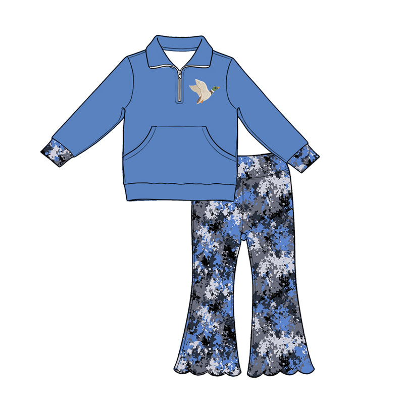 ( Moq 5 ) Preorder Baby Girls Kids Duck Pocket Zipper Blue Shirt Scallop Camo Pants Set Clothes