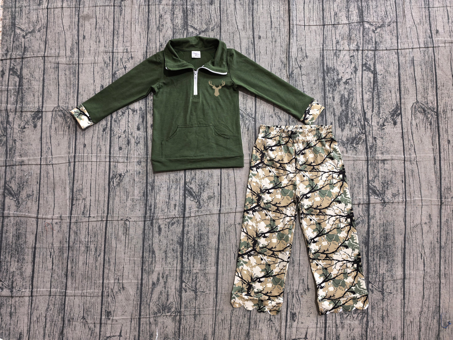 ( No moq ) Preorder Baby Girls Kids Embroidery Deer Pocket Zipper Shirt Scallop Leaves Pants Green Set Clothes