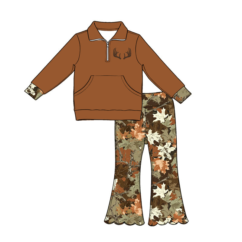 ( Moq 5 ) Preorder Baby Girls Kids Deer Pocket Zipper Brown Shirt Scallop Leaves Pants Set Clothes