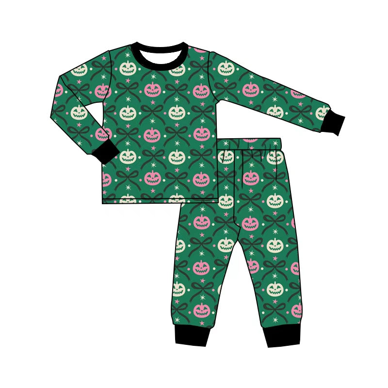 ( Moq 5 ) Preorder Baby Girls Pumpkins Bows Shirt Pants Set Halloween Pajamas Green Clothes