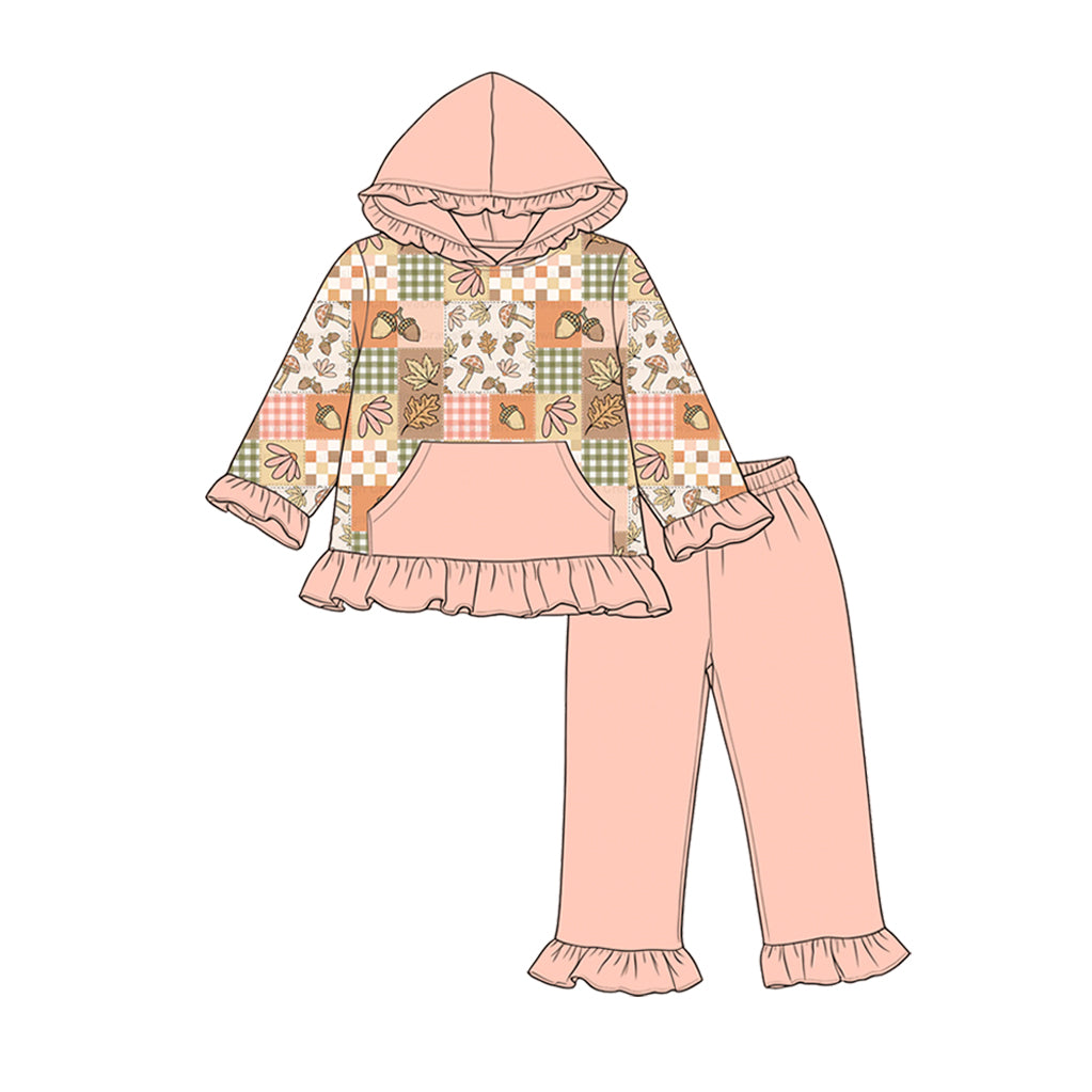 ( Moq 5 ) Preorder Baby Girls Kids Pocket Hoodie Leaves Plaid Ruffle Tops Pants Set Fall Clothes