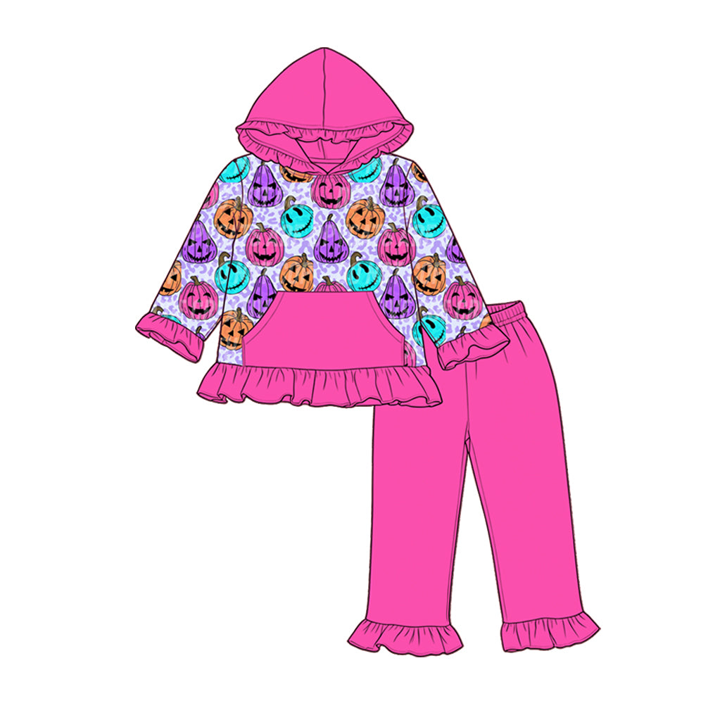 ( Moq 5 ) Preorder Baby Girls Kids Long Sleeves Pumpkins Halloween Hoodie Ruffle Tops Pants Set Clothes