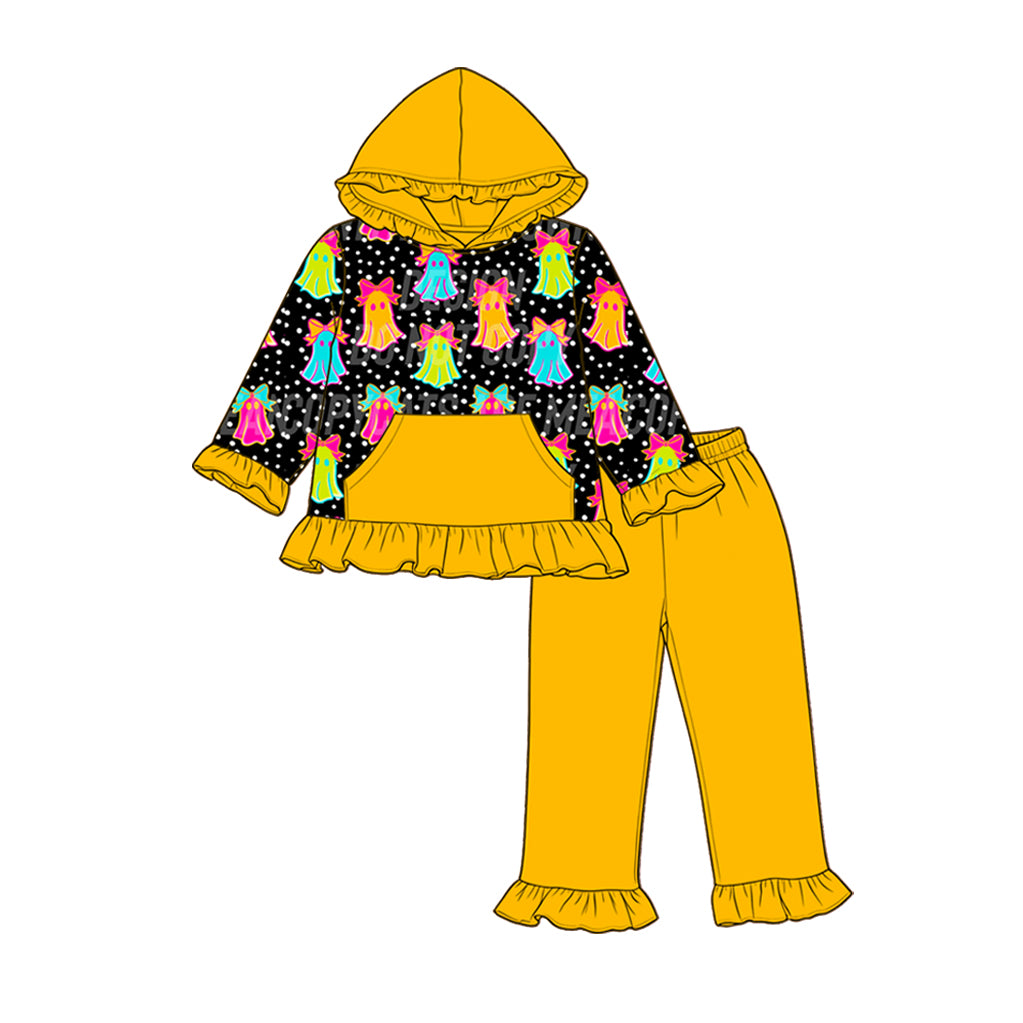 ( Moq 5 ) Preorder Baby Girls Kids Ghosts Bows Halloween Hoodie Ruffle Tops Pants Set Clothes