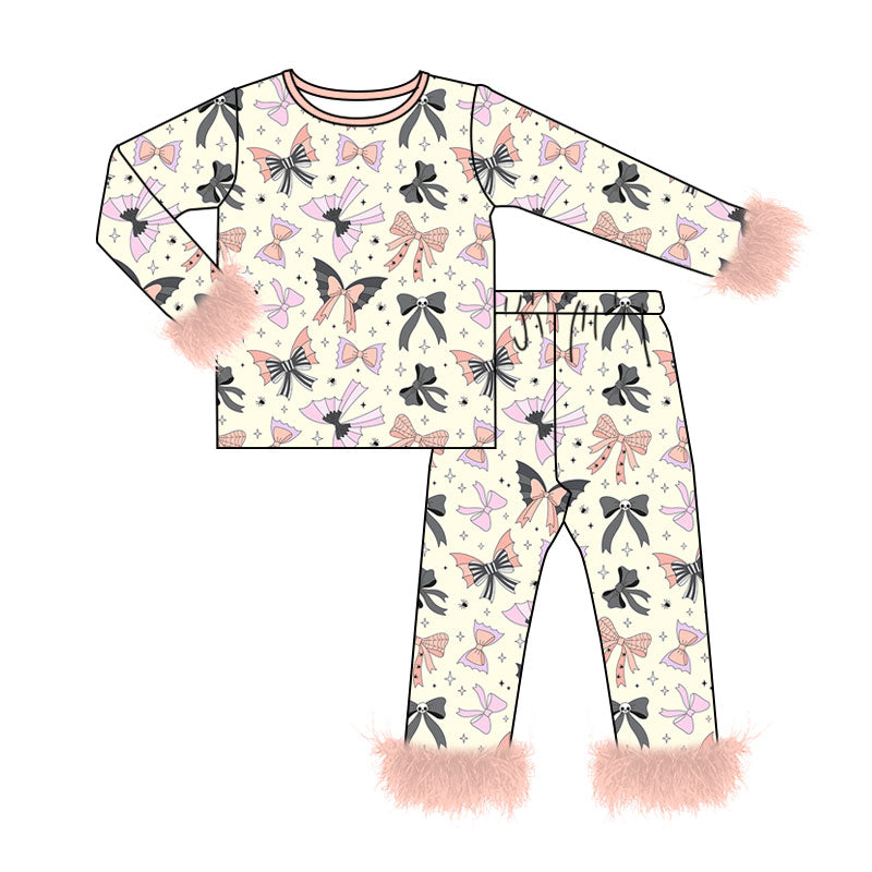 ( Moq 5 ) Preorder Baby Girls Kids Fur Long Sleeves Bats Bows Shirt Pants Set Halloween Pajamas Clothes