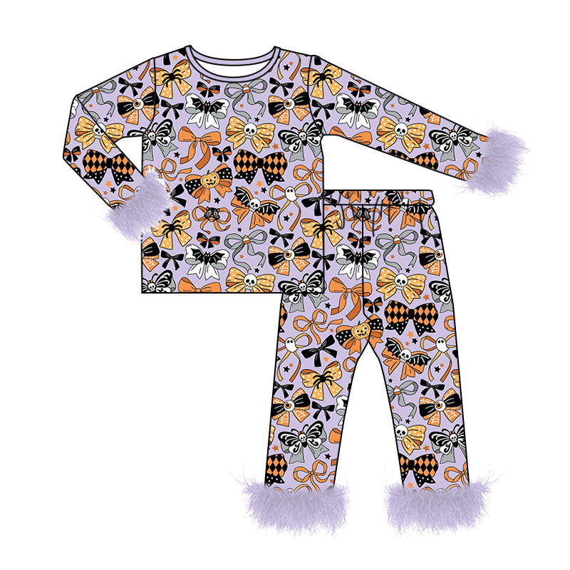 ( Moq 5 ) Preorder Baby Girls Kids Fur Long Sleeves Pumpkins Bows Shirt Pants Set Halloween Pajamas