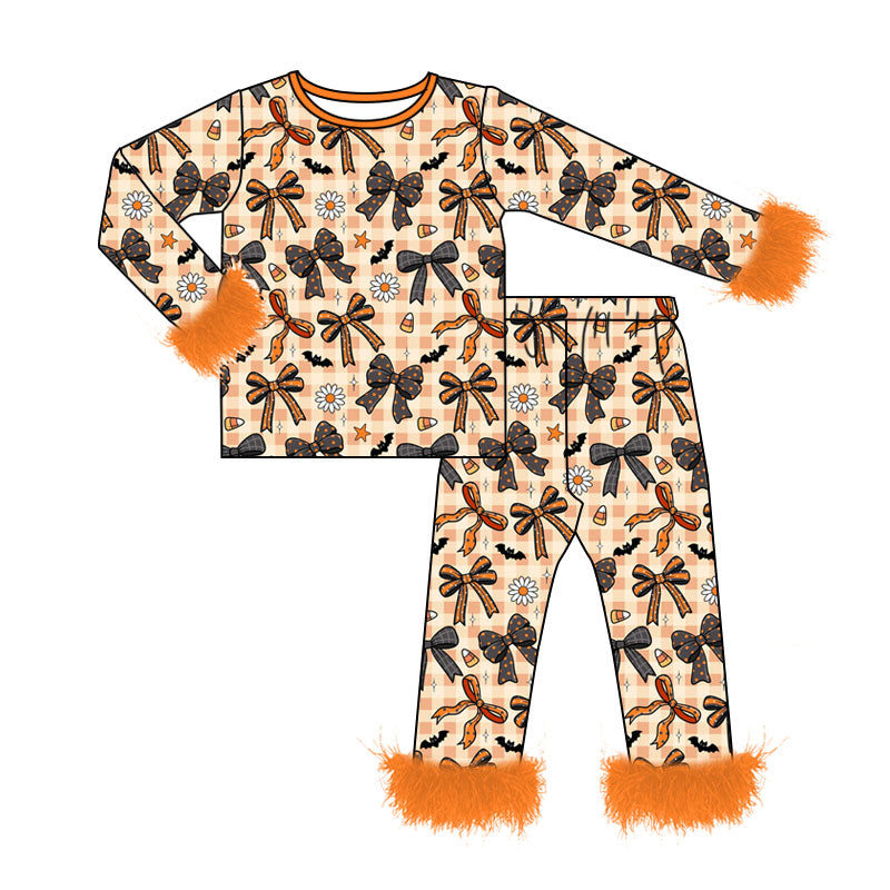 ( Moq 5 ) Preorder Baby Girls Kids Flower Bows Plaid Shirt Orange Fur Pants Set Halloween Pajamas