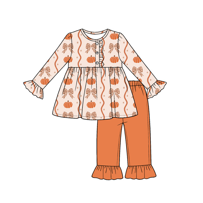 ( Moq 5 ) Preorder Baby Girls Kids Long Sleeves Pumpkins Bows Ruffle Tunic Pants Set Fall Clothes