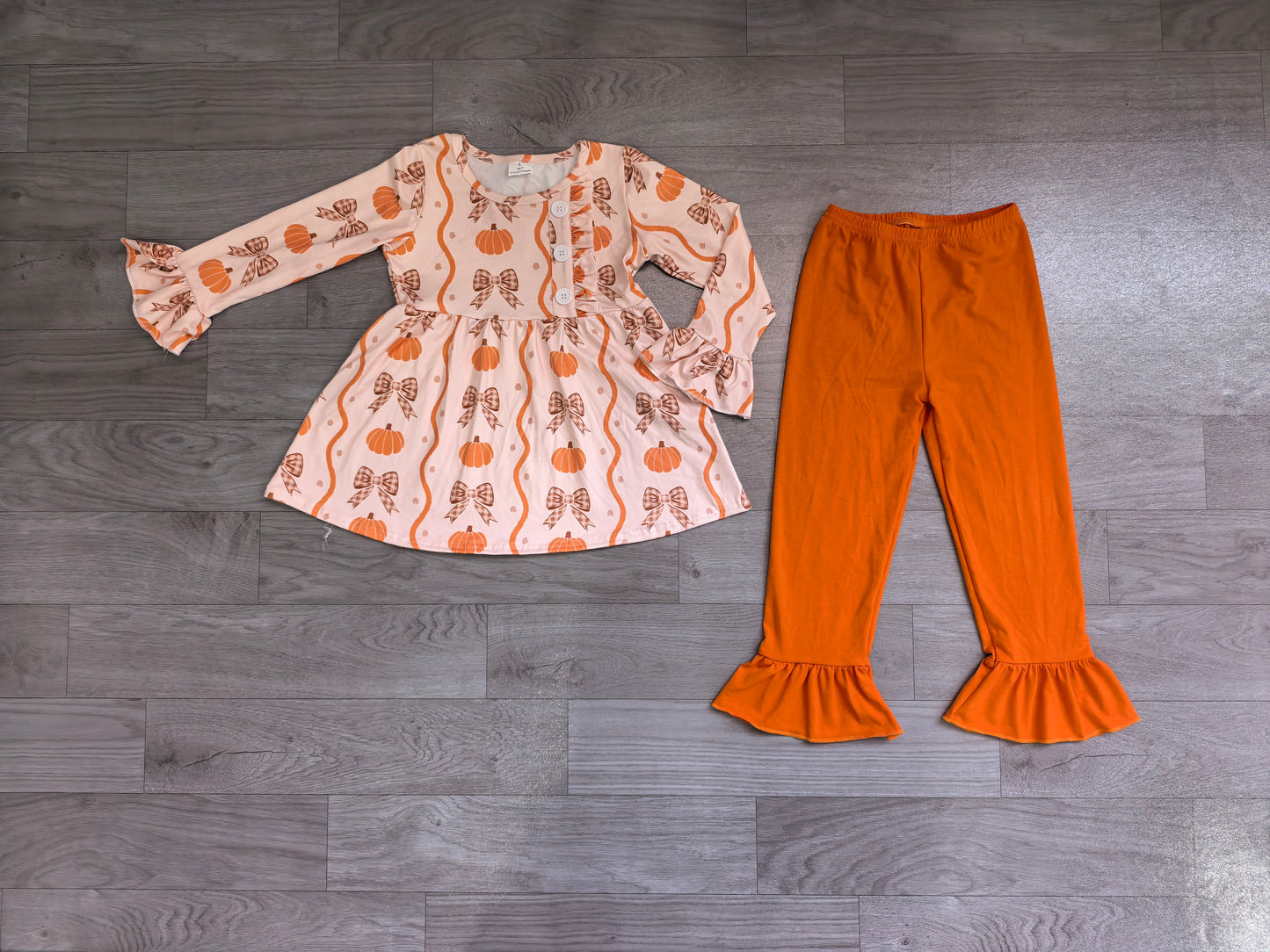 ( No moq ) Preorder Baby Girls Kids Long Sleeves Pumpkins Bows Ruffle Tunic Pants Set Fall Clothes