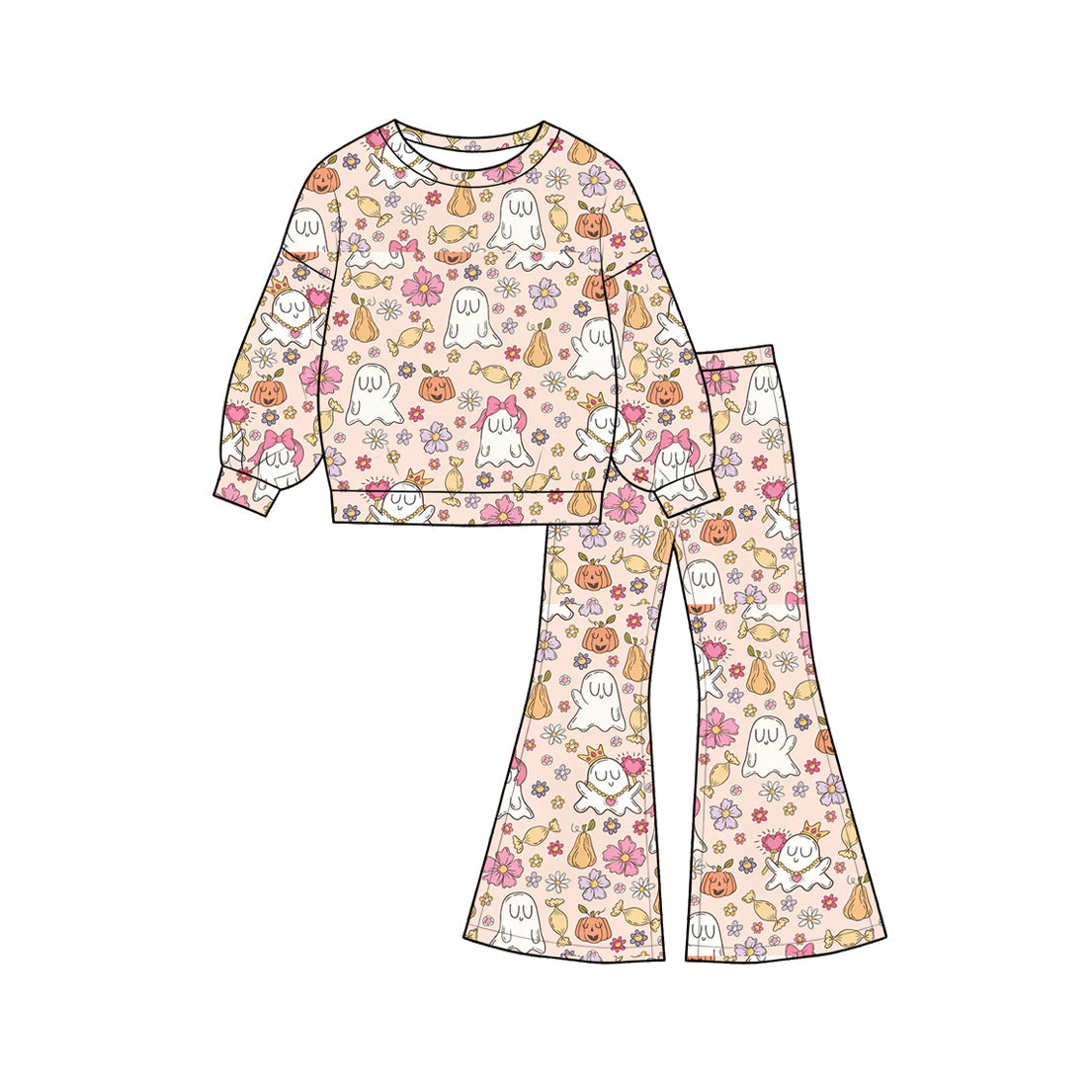 ( Moq 5 ) Preorder Baby Girls Kids Ghosts Pumpkins Flower Shirt Bell Pants Halloween Set Clothes
