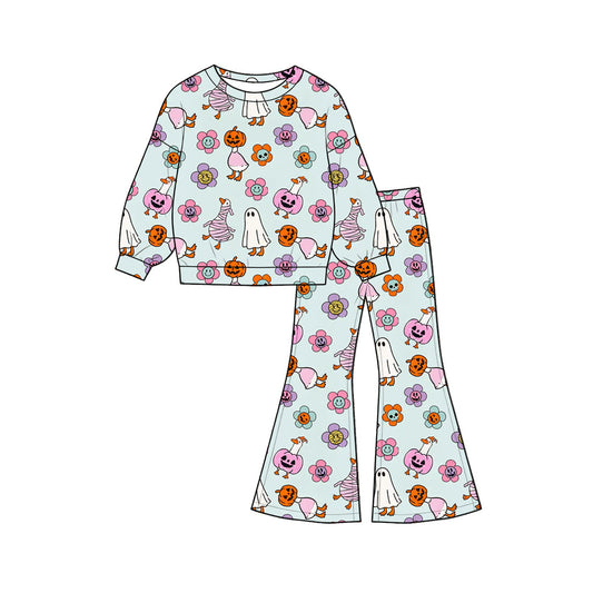 ( Moq 5 ) Preorder Baby Girls Kids Flower Goose Ghosts Pumpkins Shirt Bell Pants Halloween Set Clothes