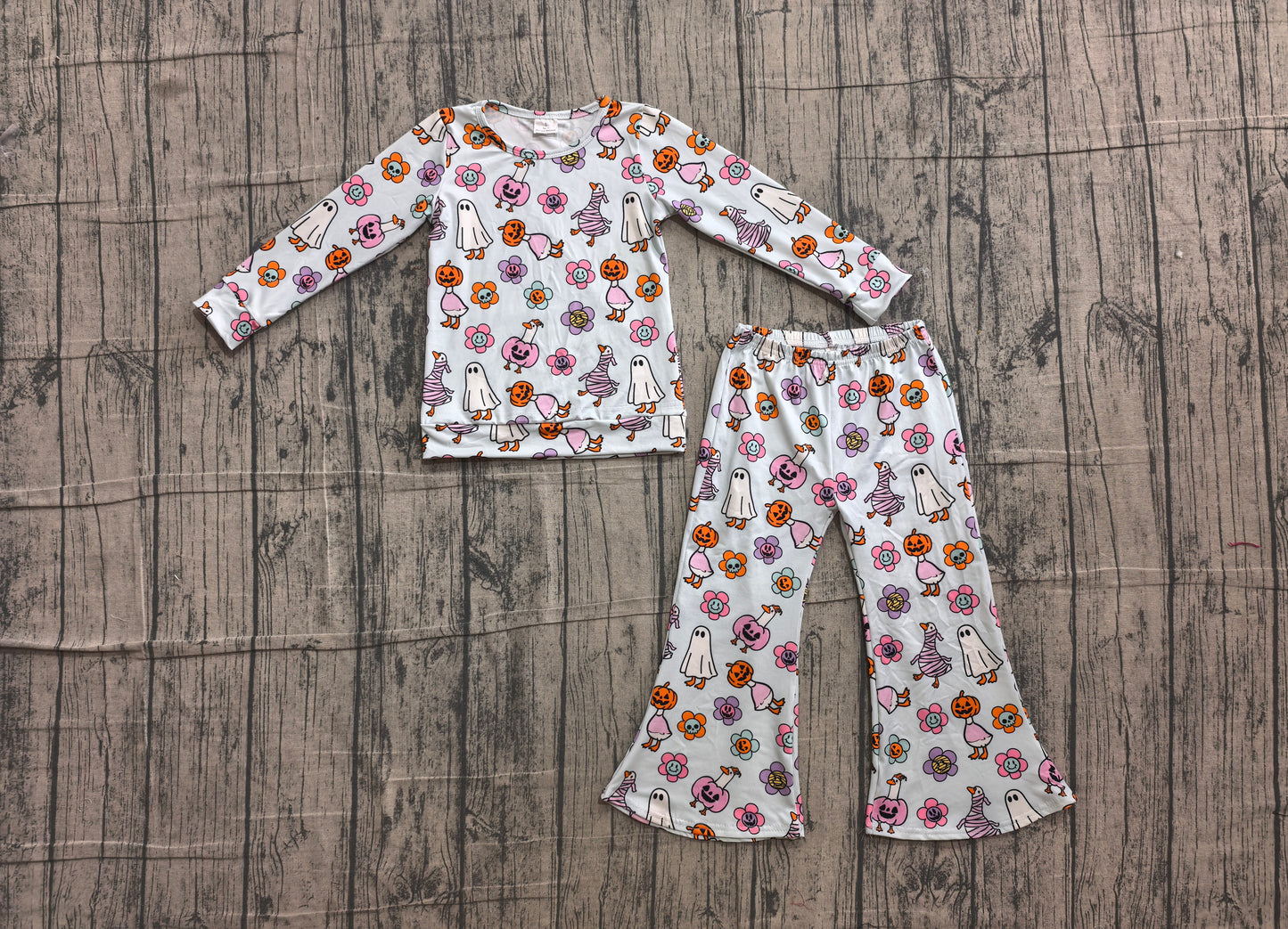 ( No moq ) Preorder Baby Girls Kids Flower Goose Ghosts Pumpkins Shirt Bell Pants Halloween Set Clothes