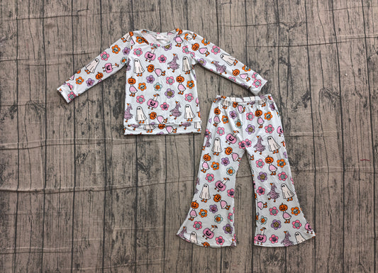 Baby Girls Kids Flower Goose Ghosts Pumpkins Shirt Bell Pants Halloween Set Clothes RTS