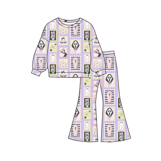 ( Moq 5 ) Preorder Baby Girls Kids Long Sleeves Ghosts Bows Shirt Bell Pants Halloween Set Clothes
