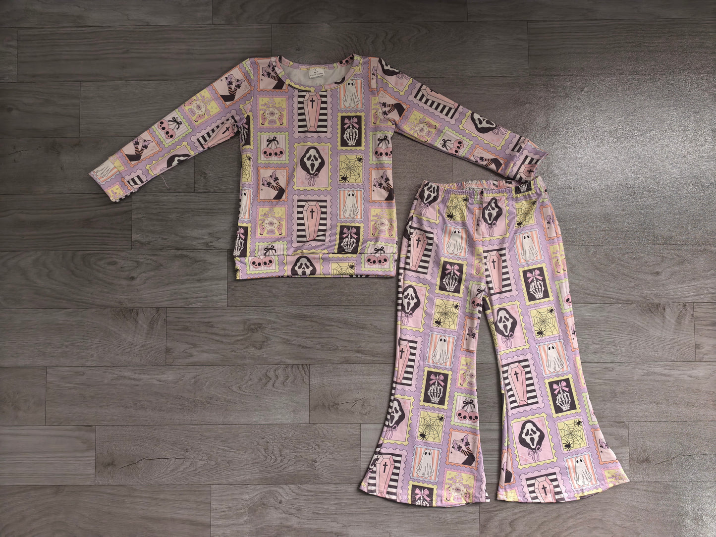 ( No moq ) Preorder Baby Girls Kids Long Sleeves Ghosts Bows Shirt Bell Pants Halloween Set Clothes