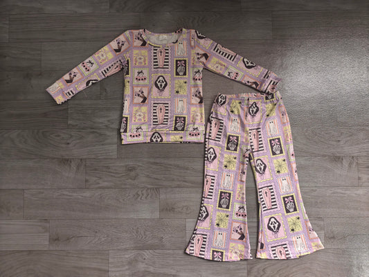 ( No moq ) Preorder Baby Girls Kids Long Sleeves Ghosts Bows Shirt Bell Pants Halloween Set Clothes