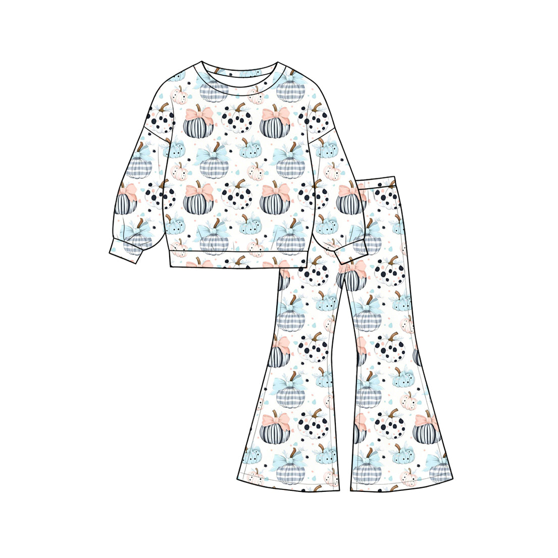 ( Moq 5 ) Preorder Baby Girls Kids Long Sleeves Pumpkins Bows Shirt Bell Pants Fall Set Clothes