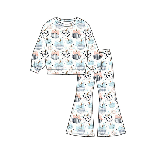 ( Moq 5 ) Preorder Baby Girls Kids Long Sleeves Pumpkins Bows Shirt Bell Pants Fall Set Clothes