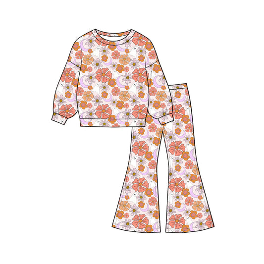 ( Moq 5 ) Preorder Baby Girls Kids Long Sleeves Flower Shirt Bell Pants Set Clothes