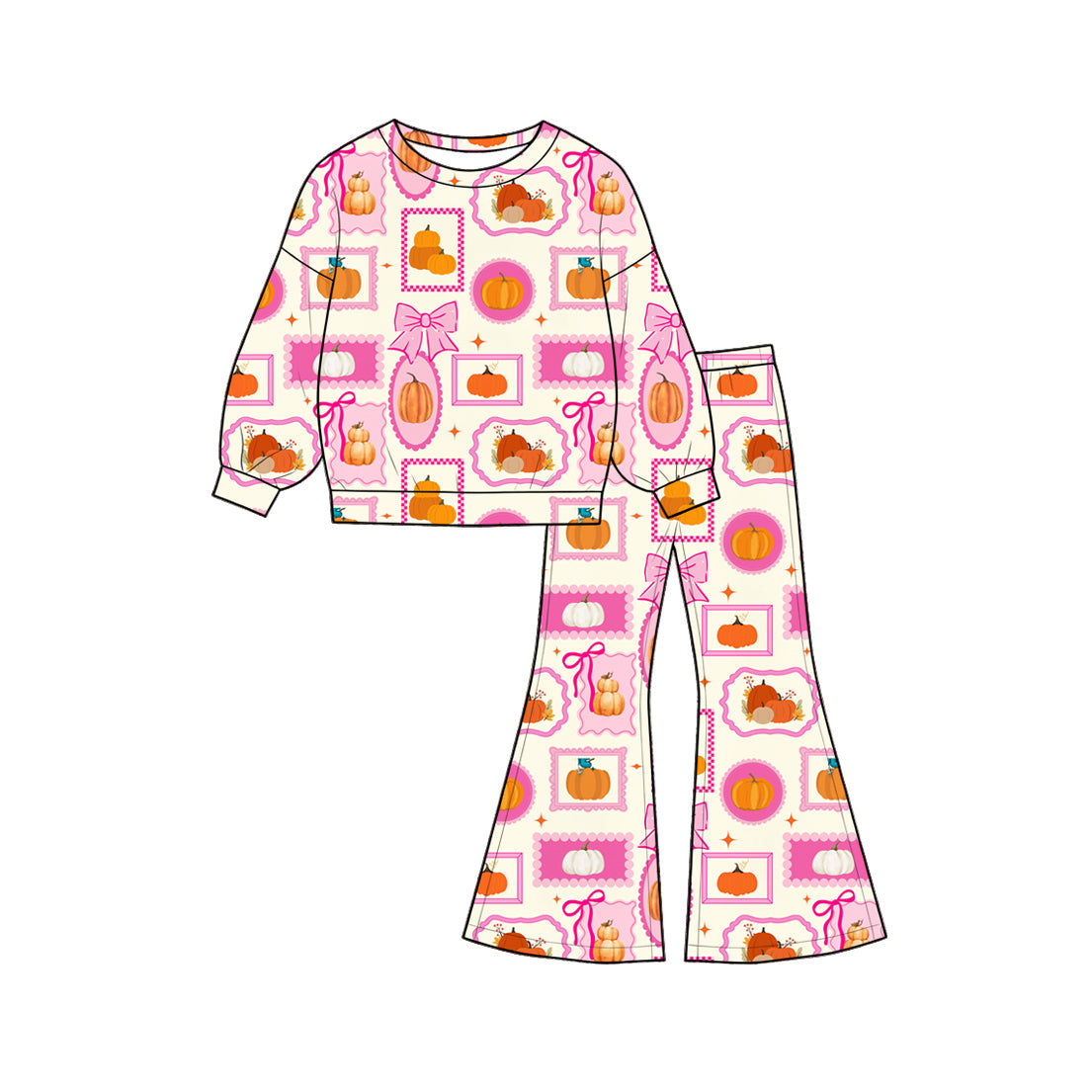 ( Moq 5 ) Preorder Baby Girls Kids Long Sleeves Pumpkins Bows Shirt Bell Pants Fall Set Clothes