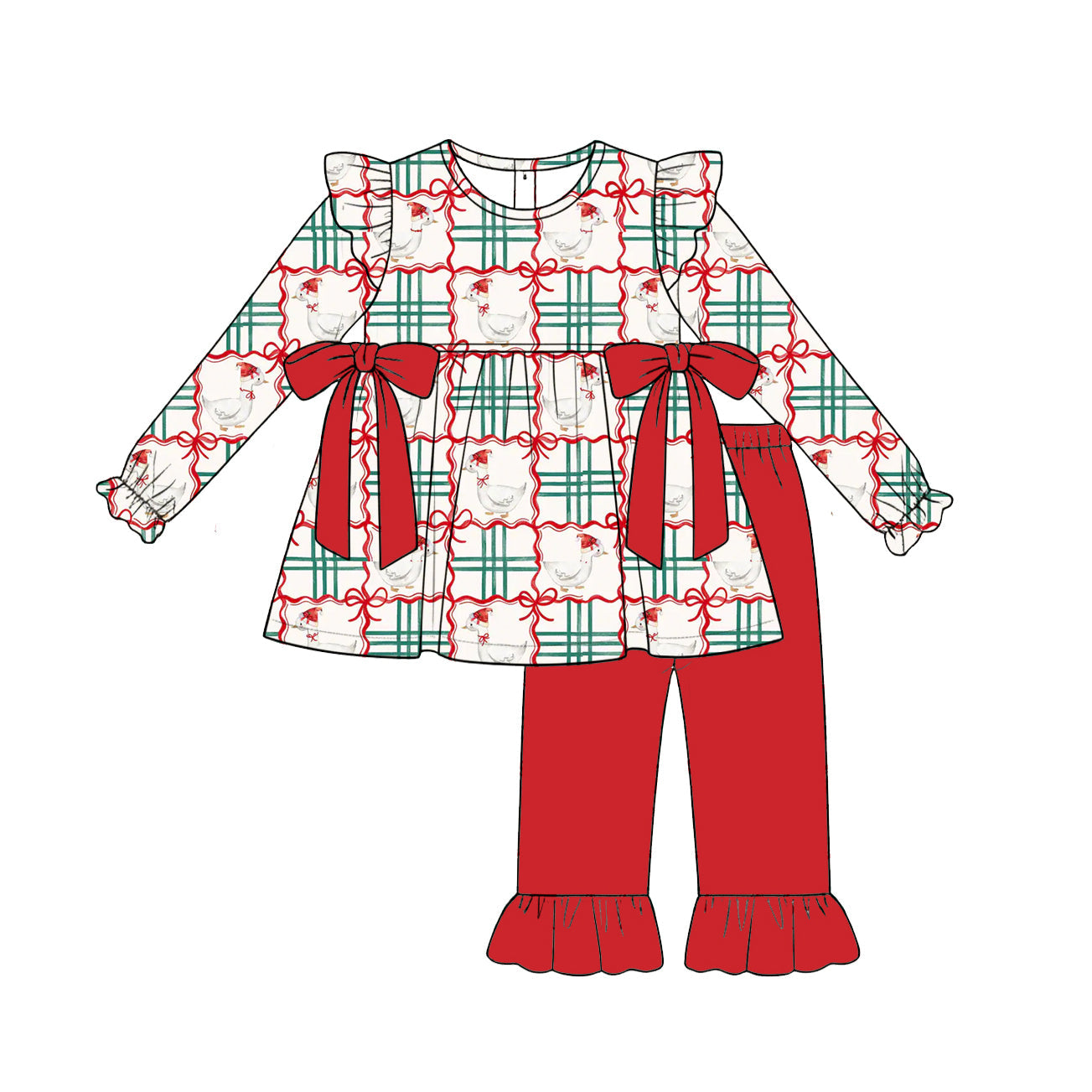 ( Moq 5 ) Preorder Baby Girls Kids Goose Bows Plaid Tunic Red Pants Set Christmas Clothes