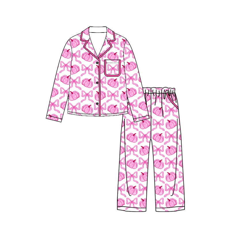 ( Moq 5 ) Preorder Adult Women Pumpkins Pink Bows Buttons Shirt Pockets Pants Pajamas Set Fall Clothes